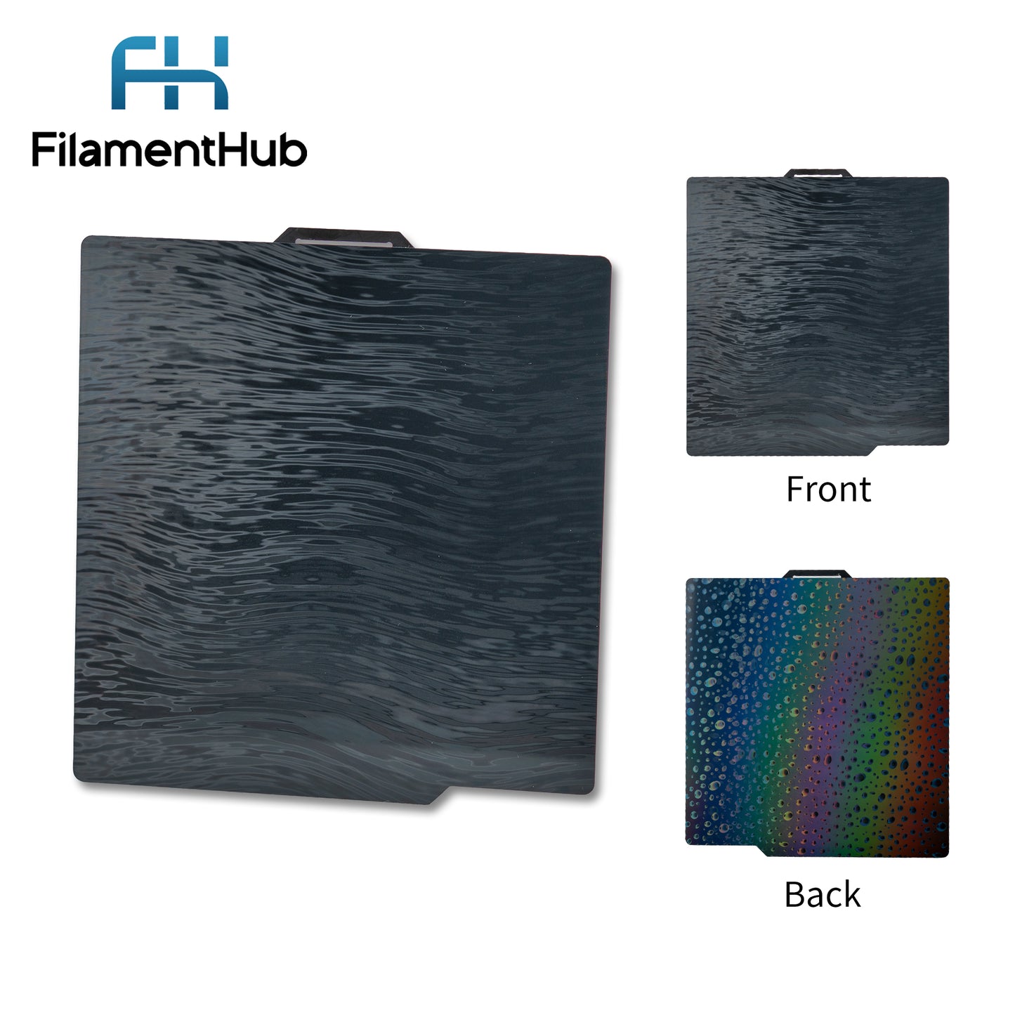 Water Drop PER and Wood Grain PER dual-sided effect build plate for Bambu Lab printers with decorative textured first-layer patterns.