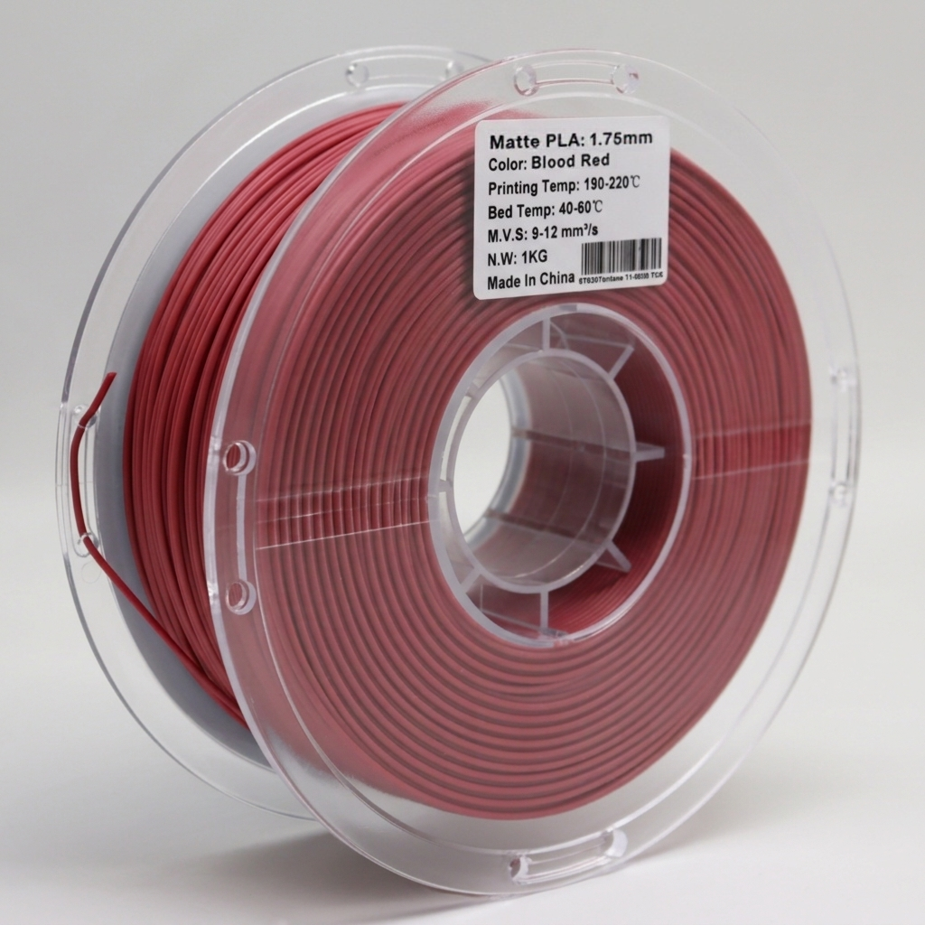 Back view of matte blood red PLA 1.75mm 3D printer filament spool showing filament winding and recommended print temperature settings for high-quality matte 3D printing.