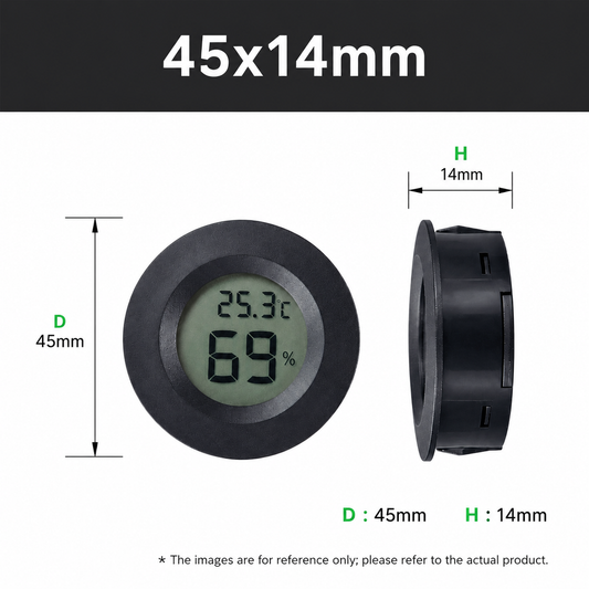 45mm x 14mm round digital hygrometer and thermometer with LCD display showing temperature in Celsius and relative humidity percentage. Compact panel-mount humidity gauge for monitoring conditions inside 3D printer filament dry boxes, storage containers, vacuum bags, and filament drying systems. Front and side views with dimensional specifications displayed.