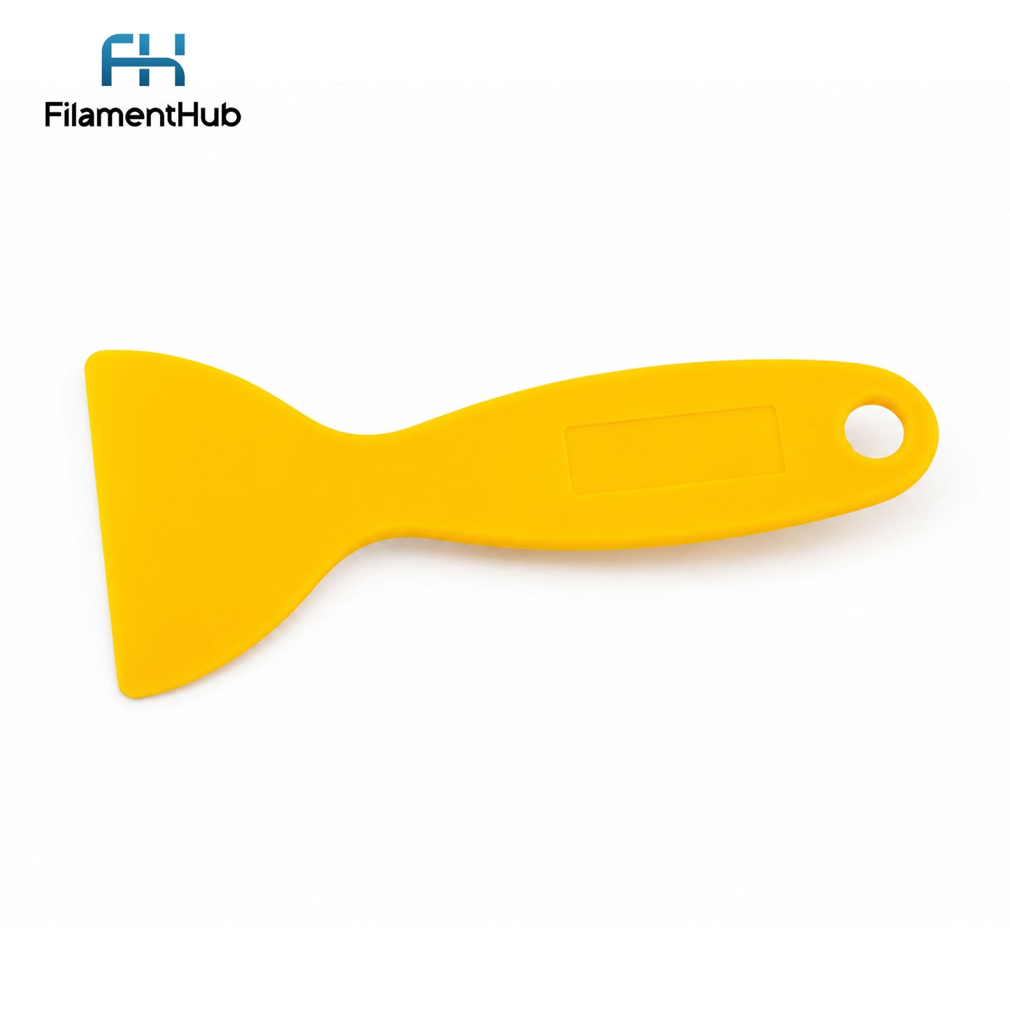 Yellow spatula with a white handle on a white background, branded with FilamentHub.