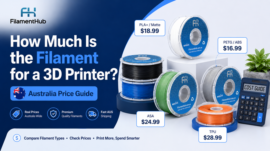 FilamentHub 3D printer filament price guide showing PLA+, PETG, ABS, ASA and TPU spool prices with branded filament spools and Australia price guide text.