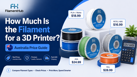 FilamentHub 3D printer filament price guide showing PLA+, PETG, ABS, ASA and TPU spool prices with branded filament spools and Australia price guide text.