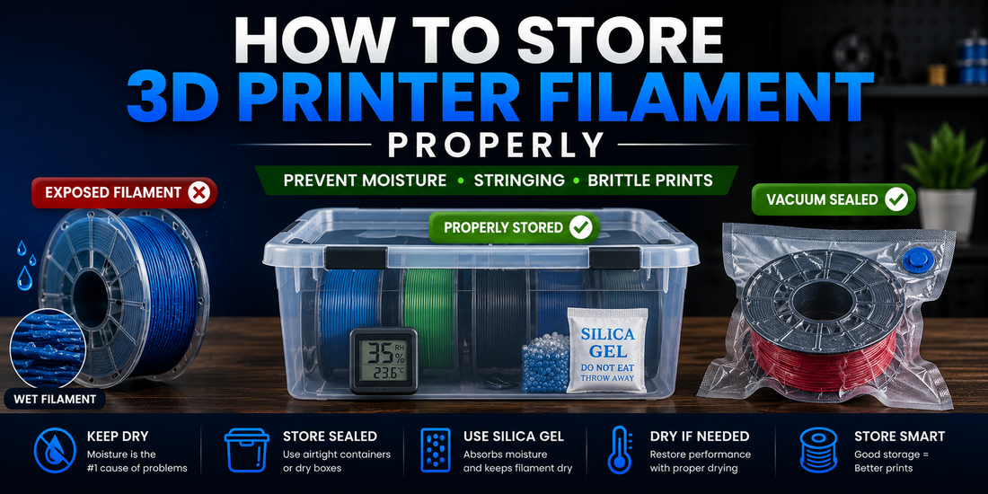 How to store 3D printer filament properly using airtight storage containers, silica gel and vacuum sealed bags to prevent moisture, stringing and brittle filament