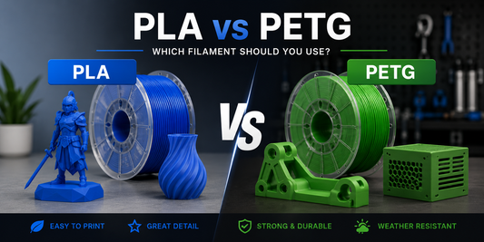 PLA vs PETG filament comparison showing blue PLA prints and green PETG functional parts with 3D printer filament spools