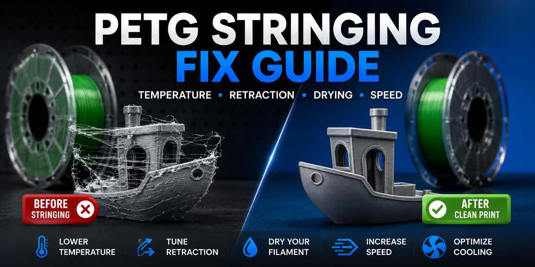 PETG stringing fix guide showing failed stringy 3D print compared to a clean PETG print with PETG filament spools and troubleshooting tips for temperature, retraction, drying and speed