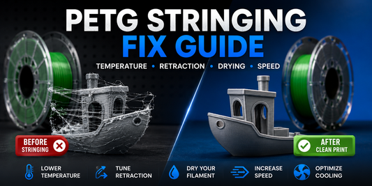 PETG stringing fix guide showing failed stringy 3D print compared to a clean PETG print with PETG filament spools and troubleshooting tips for temperature, retraction, drying and speed