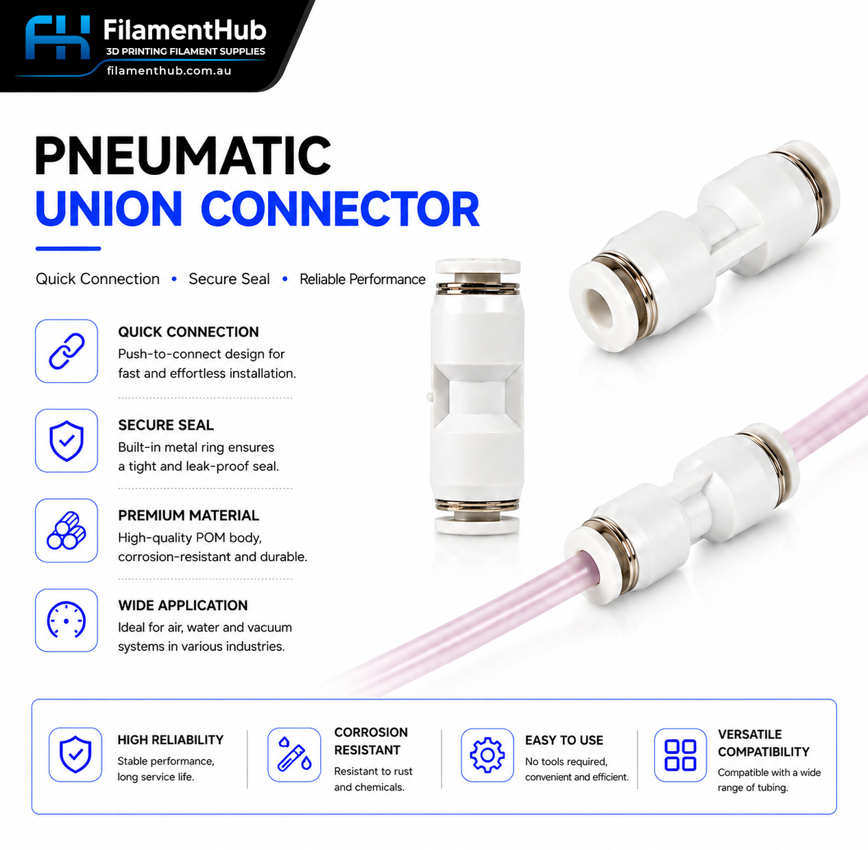 Filament Tube Connector - 4mm PTFE Push-Fit Union