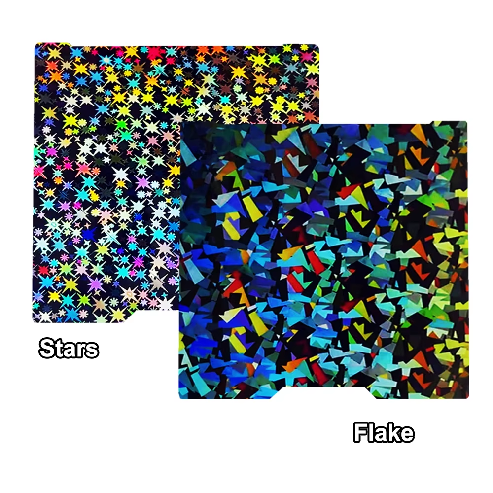 Bambu Lab H2 build plate with holographic PEF Flake and PEF Star surfaces, colourful reflective pattern for improved 3D print adhesion and easy part removal stars flake
