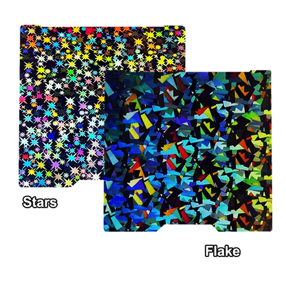 Bambu Lab H2 build plate with holographic PEF Flake and PEF Star surfaces, colourful reflective pattern for improved 3D print adhesion and easy part removal stars flake