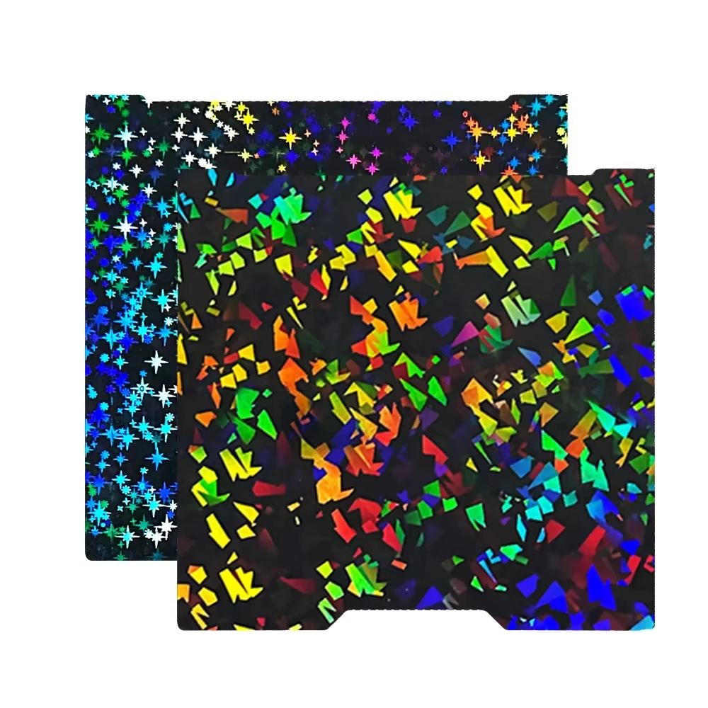 Bambu Lab H2 build plate with holographic PEF Flake and PEF Star surfaces, colourful reflective pattern for improved 3D print adhesion and easy part removal