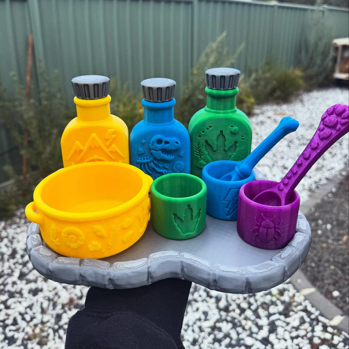 Dinosaur Potion Set, 3D printed in PLA Pro Yellow, PLA Pro Green, PLA Pro Slate Grey, PLA Pro Blue and PLA Pro Purple