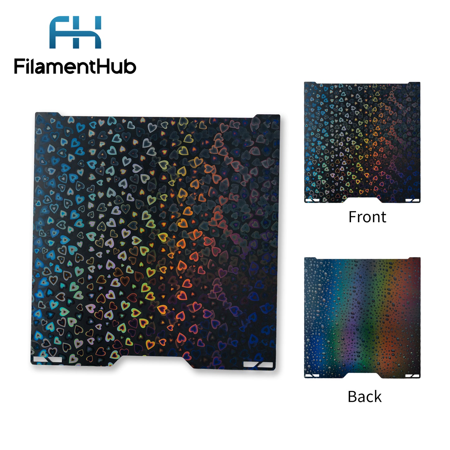 Heart and Water Drop POH dual-sided effect build plate for Bambu Lab printers with decorative holographic first-layer patterns. H2C A2L Printer