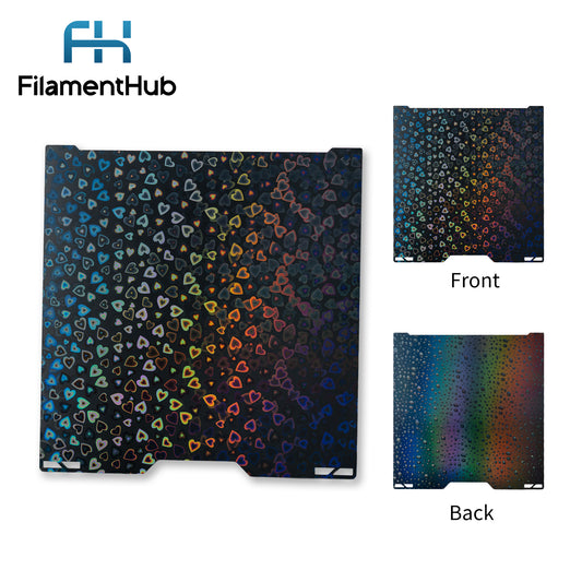 Heart and Water Drop POH dual-sided effect build plate for Bambu Lab printers with decorative holographic first-layer patterns. H2C A2L Printer