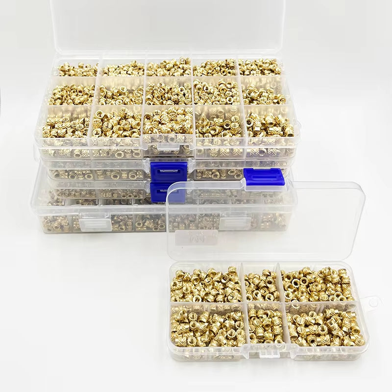 M2-M8 brass heat-set insert assortment kit sorted in compartment storage boxes for 3D printing