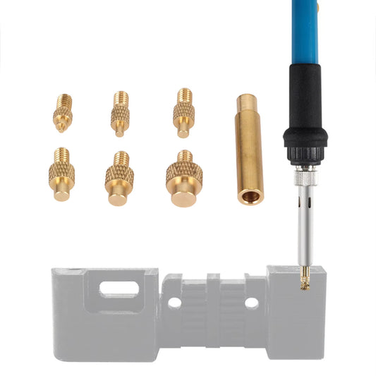 FilamentHub M2-M8 Brass Heat-Set Insert Tips for 936-style soldering irons, set of 6 sizes shown with adapter and example use on 3D print co