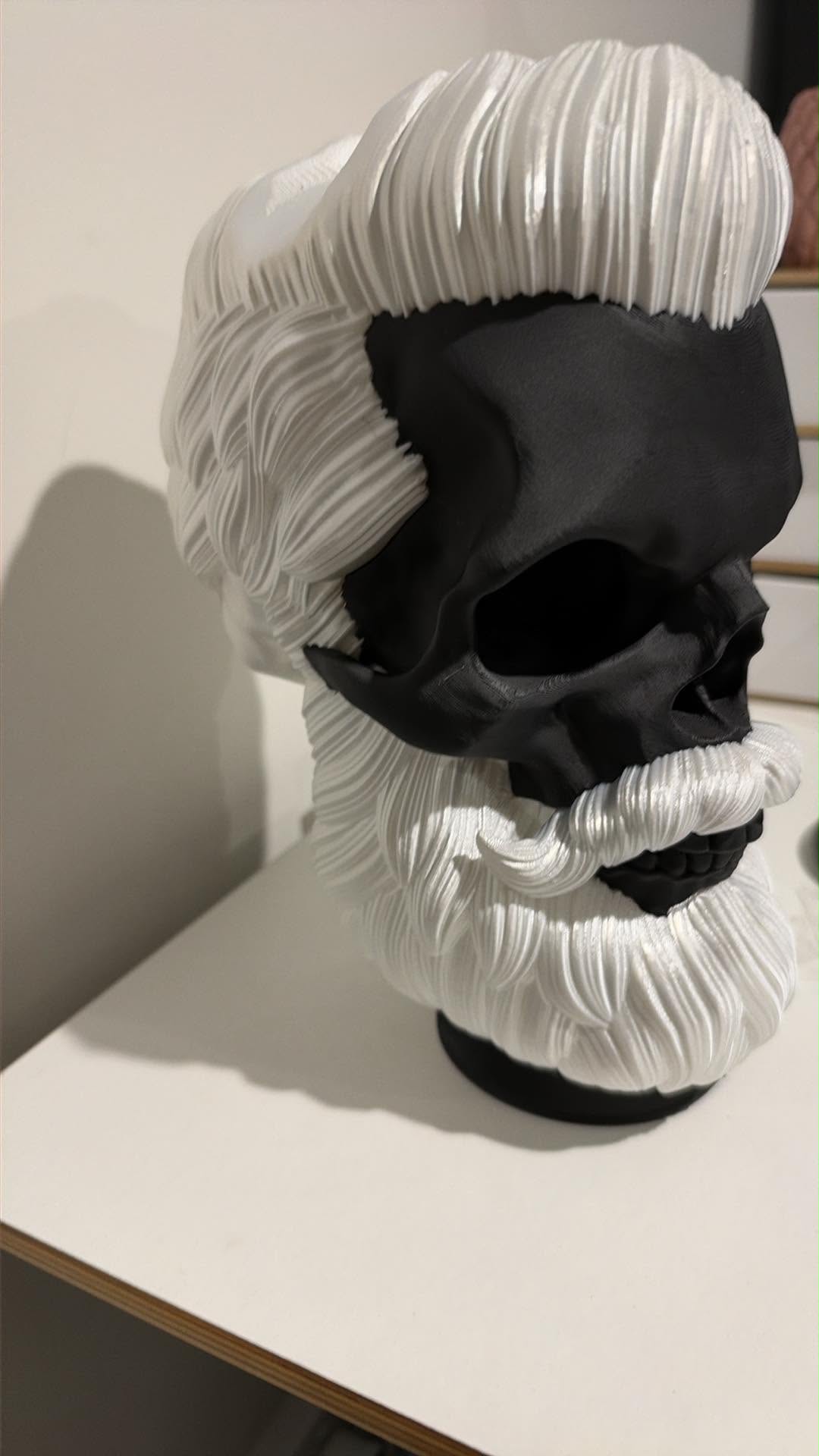 Hipster Skull, 3D printed in PLA Matte Black and PLA Silk White