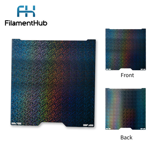 Kaleidoscope PEK and Small Circle PEK dual-sided build plate for Bambu Lab printers featuring reflective holographic effect surfaces for unique first-layer finishes.