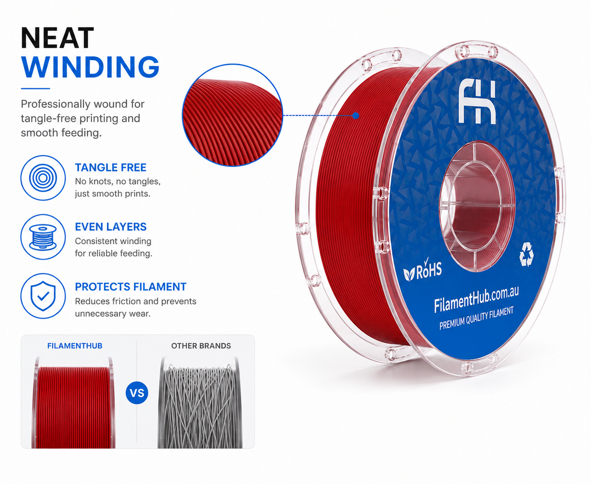 FilamentHub red 3D printer filament spool featuring neat winding, consistent filament layers, tangle-free feeding, and reliable print performance.