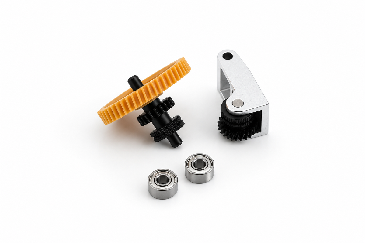 DLC hardened steel helical gear extruder kit for Bambu Lab X1 and P1P, showing drive gear assembly, aluminium idler arm with helical gear and two bearings