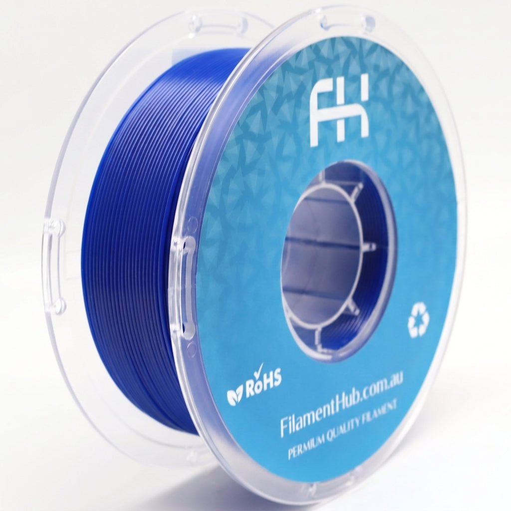 Dark blue PETG Pro 1.75mm 3D printer filament spool by FilamentHub with a glossy durable finish, designed for strong functional prints, mechanical parts, and everyday engineering applications.