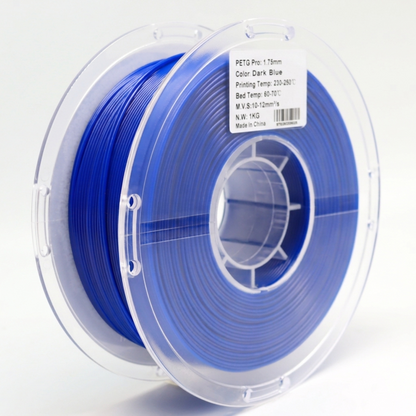 Back view of dark blue PETG Pro 1.75mm 3D printer filament spool showing filament winding and recommended print temperature settings for durable high-strength 3D printing.