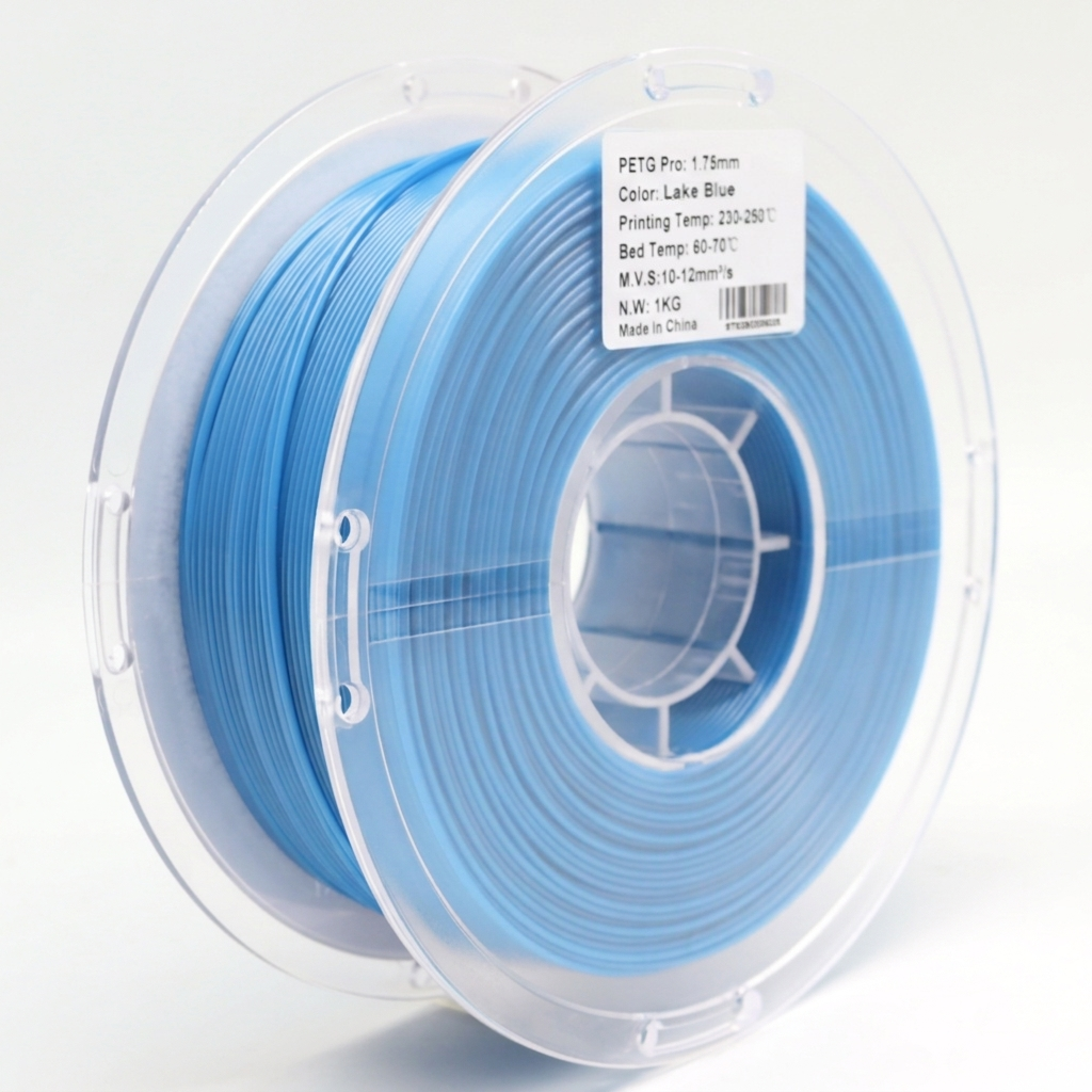 Back view of lake blue PETG Pro 1.75mm 3D printer filament spool showing filament winding and recommended print temperature settings for strong durable 3D printing applications.