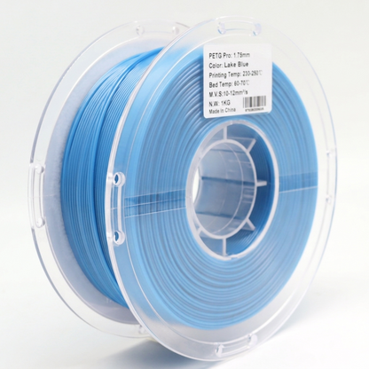 Back view of lake blue PETG Pro 1.75mm 3D printer filament spool showing filament winding and recommended print temperature settings for strong durable 3D printing applications.