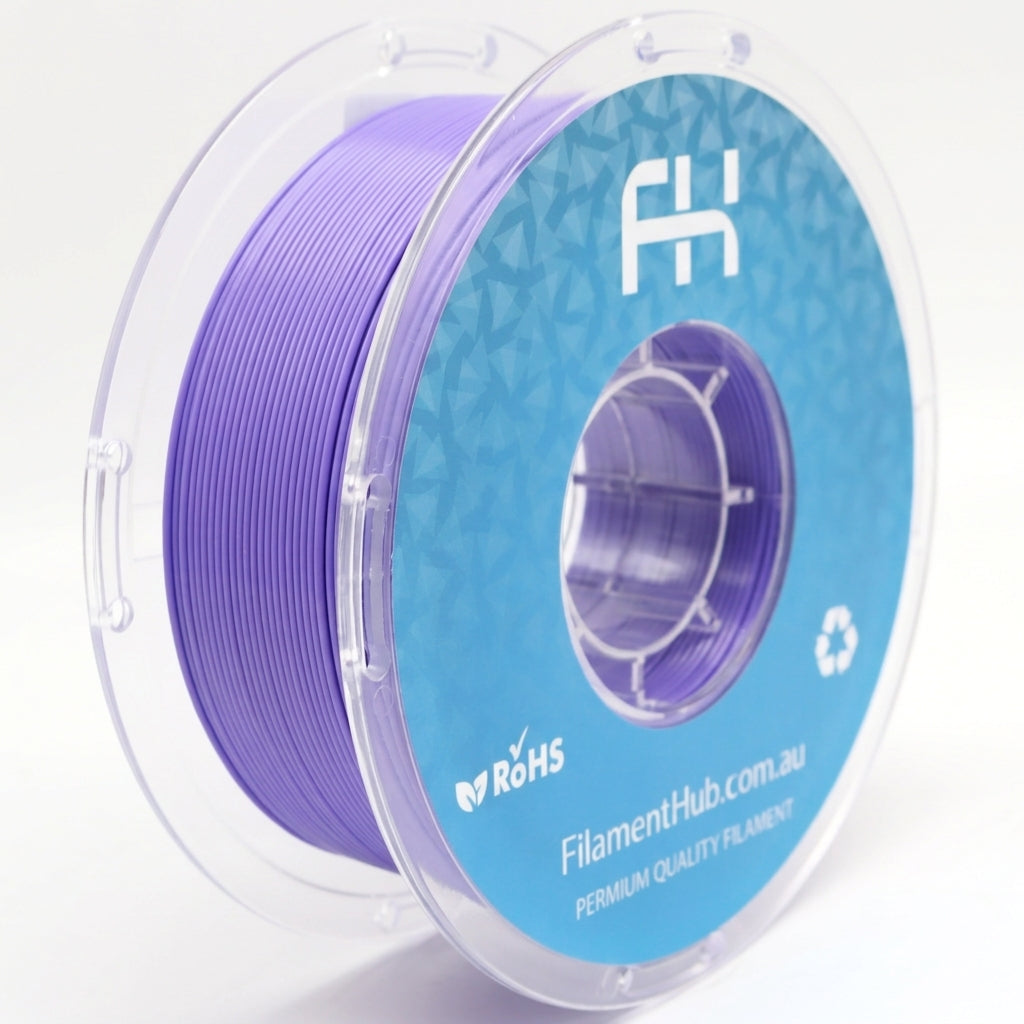 Lavender purple PETG Pro 1.75mm 3D printer filament spool by FilamentHub with a glossy finish, ideal for durable functional prints, prototypes, and strong everyday 3D printing applications.