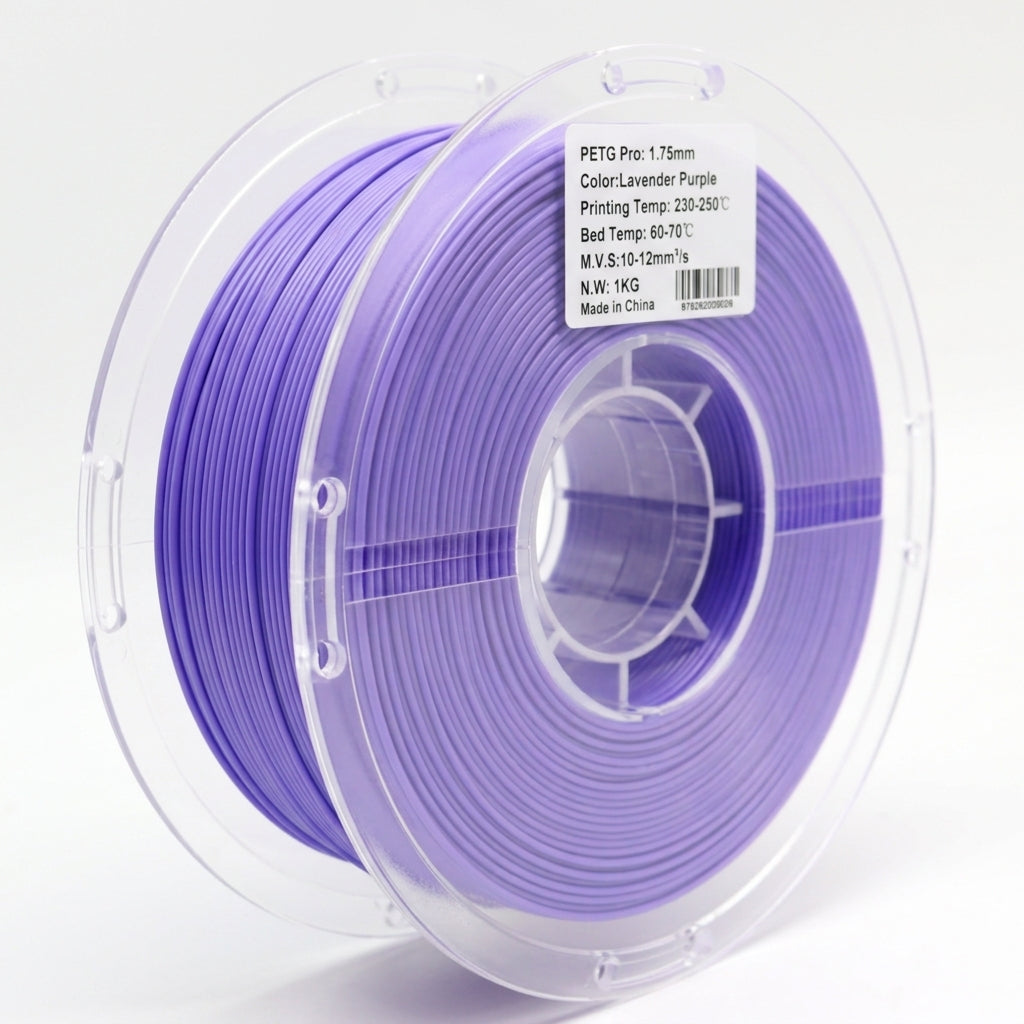 Back view of lavender purple PETG Pro 1.75mm 3D printer filament spool showing filament winding and recommended print temperature settings for durable high-strength 3D printing.