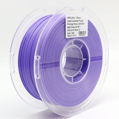Back view of lavender purple PETG Pro 1.75mm 3D printer filament spool showing filament winding and recommended print temperature settings for durable high-strength 3D printing.