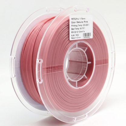 Back view of sakura pink PETG Pro 1.75mm 3D printer filament spool showing filament winding and recommended print temperature settings for durable high-strength 3D printing applications.
