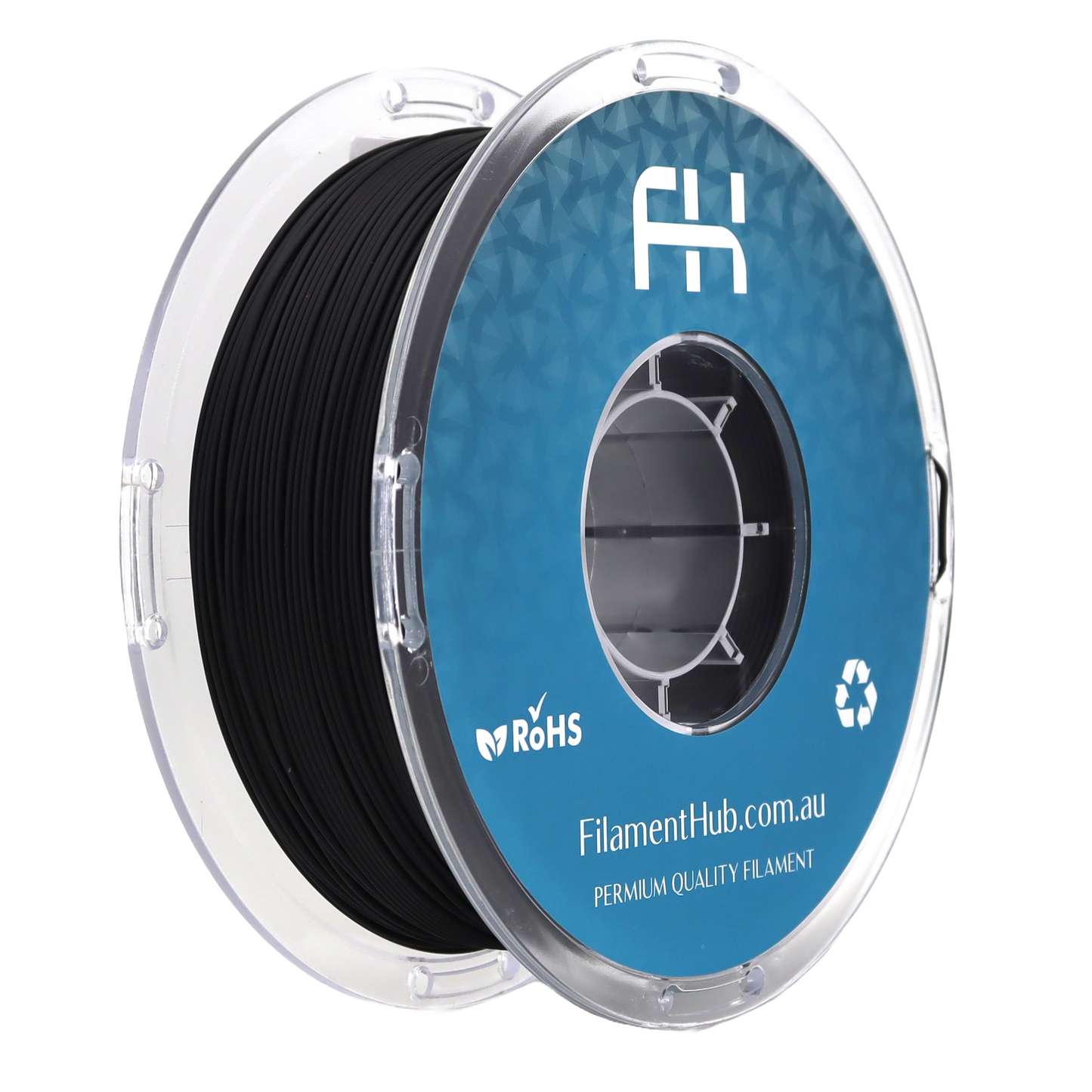 Spool of black filament with blue label on a white background