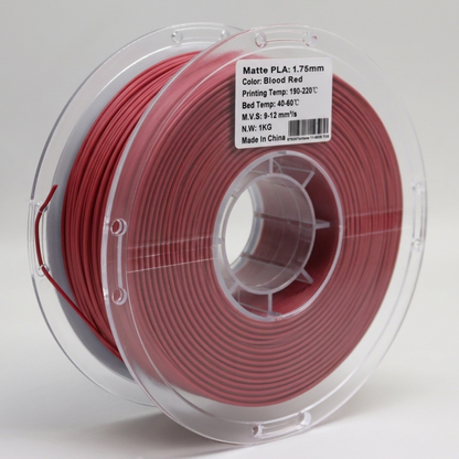 Back view of matte blood red PLA 1.75mm 3D printer filament spool showing filament winding and recommended print temperature settings for high-quality matte 3D printing.