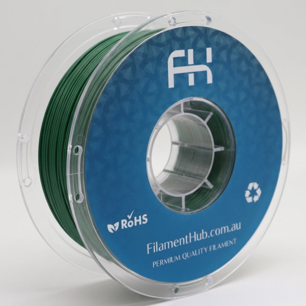 Matte dark forest green PLA 1.75mm 3D printer filament spool by FilamentHub with a smooth matte finish, ideal for detailed prints, cosplay, prototypes, and everyday 3D printing projects.