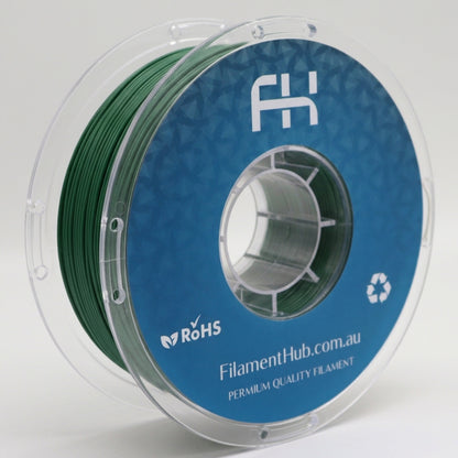Matte dark forest green PLA 1.75mm 3D printer filament spool by FilamentHub with a smooth matte finish, ideal for detailed prints, cosplay, prototypes, and everyday 3D printing projects.