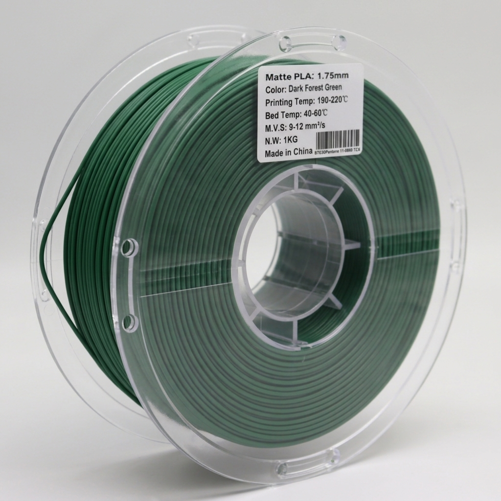 Back view of matte dark forest green PLA 1.75mm 3D printer filament spool showing filament winding and recommended print temperature settings for high-quality matte 3D printing.