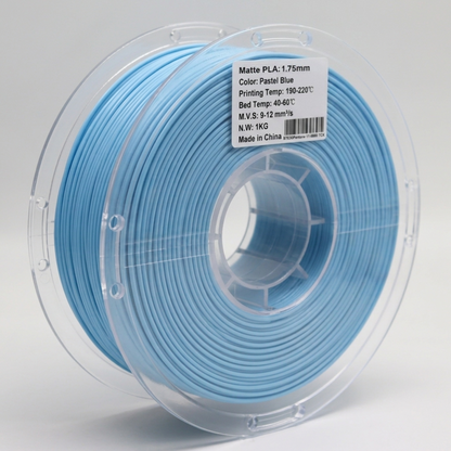 Back view of matte pastel blue PLA 1.75mm 3D printer filament spool showing filament winding and recommended print temperature settings for high-quality matte 3D printing.