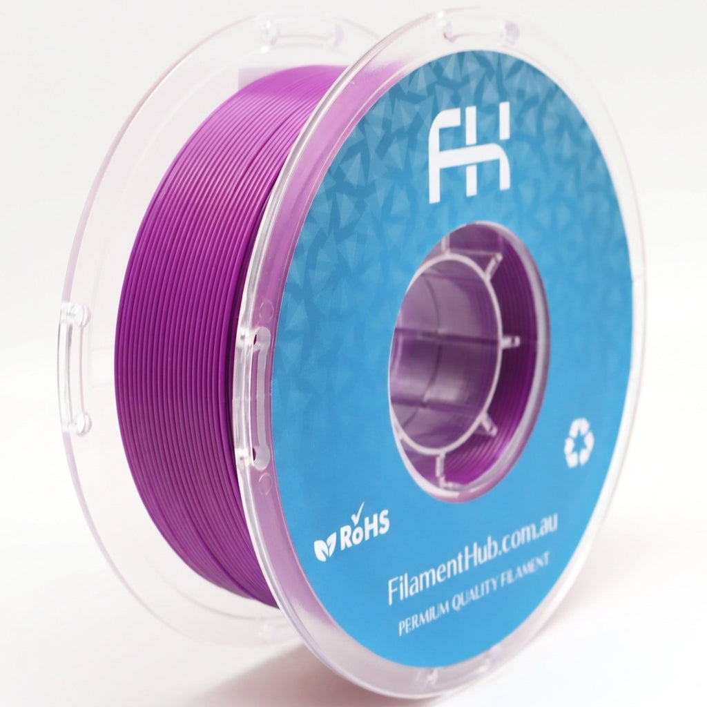 Silk purple PLA 1.75mm 3D printer filament spool by FilamentHub with a glossy silk finish, ideal for decorative prints, cosplay props, display models, and vibrant high-detail 3D printing.