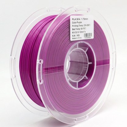 Back view of silk purple PLA 1.75mm 3D printer filament spool showing filament winding and recommended print temperature settings for glossy high-quality 3D printing.