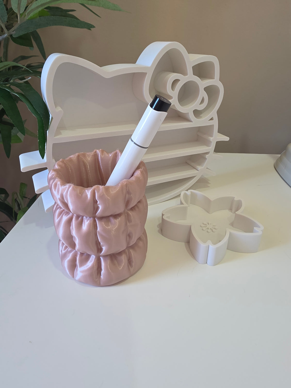 Pen Holder and shelf, 3D printed in PLA Silk Rose Gold and PLA Matte White