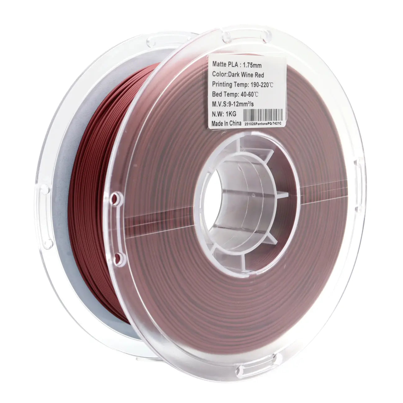 PLA Matte Dark Wine Red 1.75mm filament spool showing specification label and matte finish