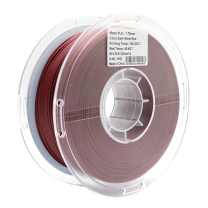 PLA Matte Dark Wine Red 1.75mm filament spool showing specification label and matte finish