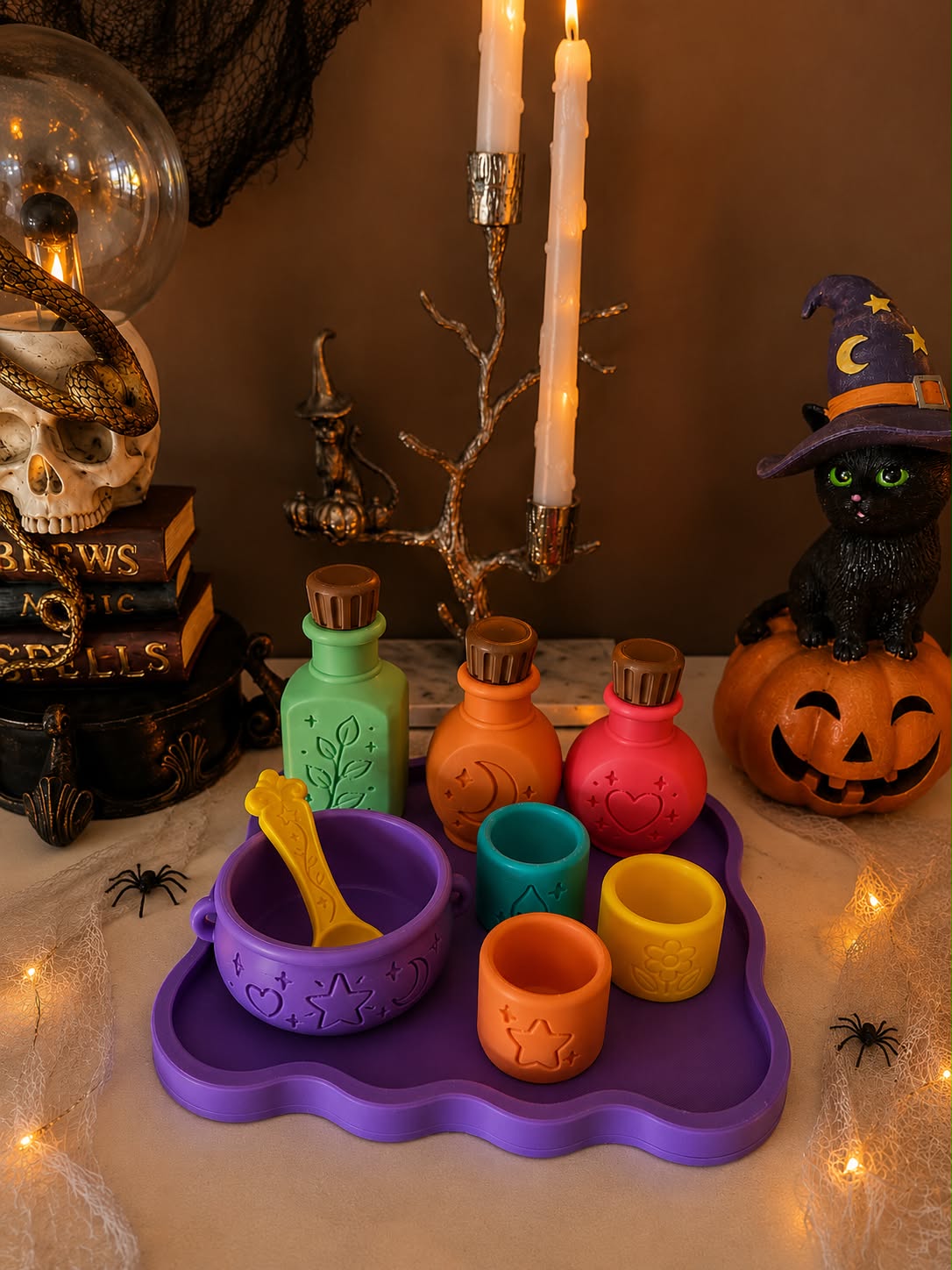 Potion Set, 3D printed in PLA Matte Lavender, PLA Matte Orange, PLA Matte Green, PLA Matte Lake Green, PLA Matte Yellow, PLA Matte Brown and PLA Pro Pink