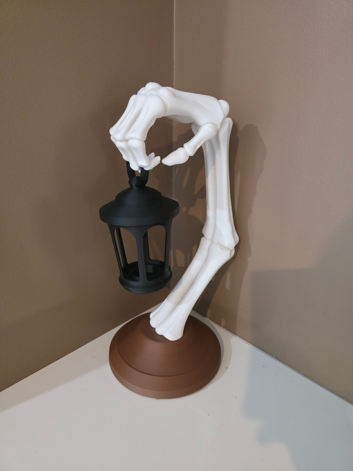 Skeleton Hand Lamp, 3D printed in PLA Pro Coconut Milk, PLA Matte Black and PLA Wood - Walnut
