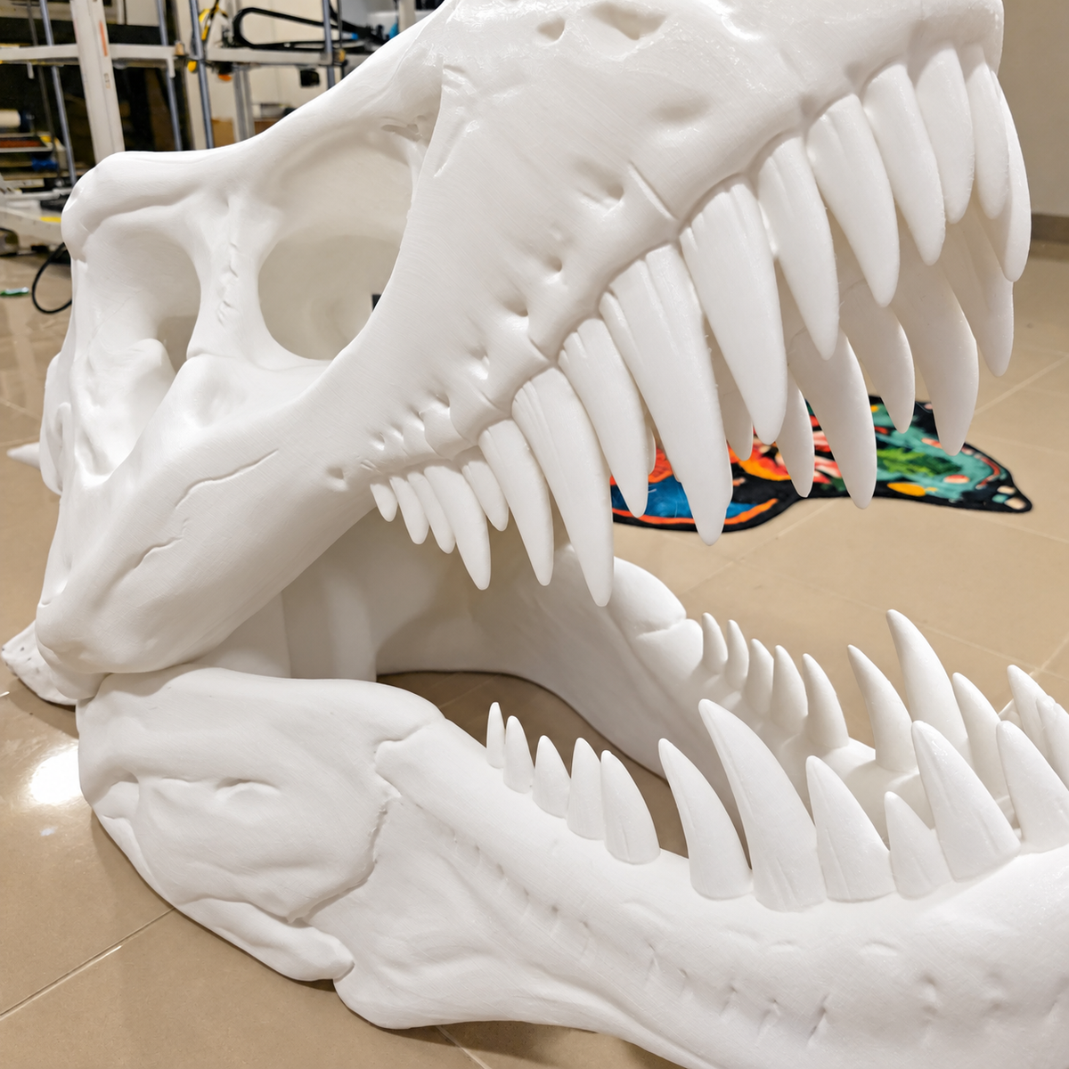 White T Rex Skull in Workshop, 3D printed in PETG Pro White