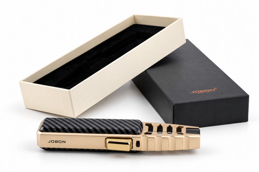 Windproof Jet Torch Lighter by JOBON in Black Carbon Fiber Style with gold accents, shown with packaging