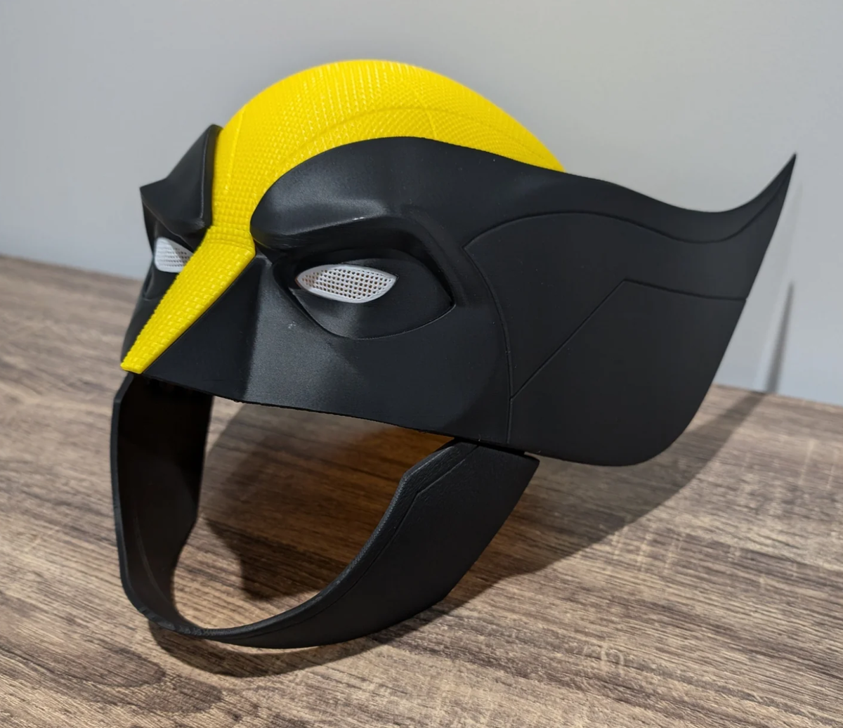 Wolverine Helmet, 3D printed in PLA Pro Yellow, PLA Matte Black and PLA Matte White