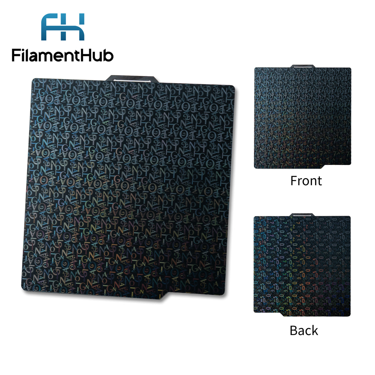 Alphabet PEN and Number PEK dual-sided effect build plate for Bambu Lab printers with decorative text and number first-layer patterns.