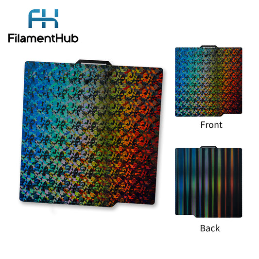 Beam and Fragments dual-sided effect build plate for Bambu Lab printers with reflective patterned first-layer finishes for X and P Series