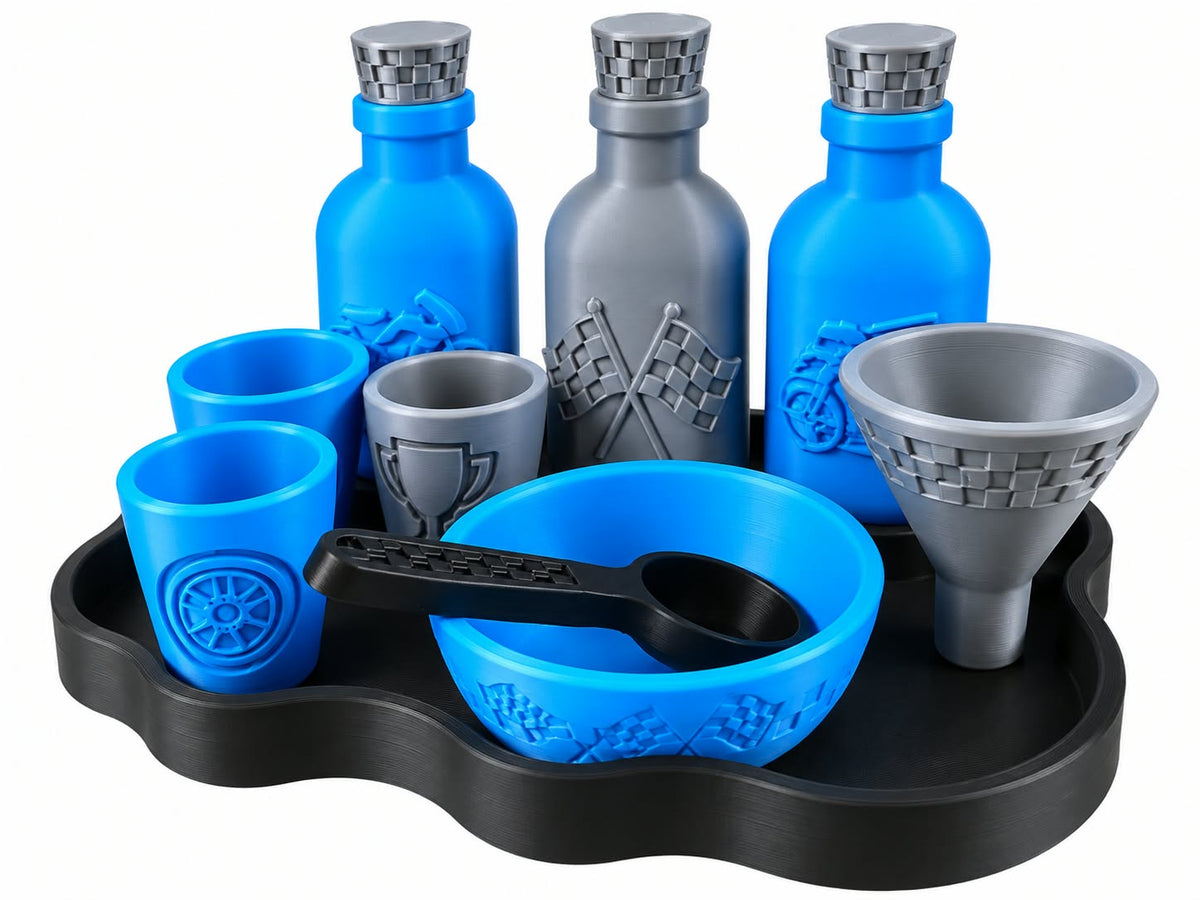 car potion set, 3D printed in PLA Pro Slate Grey, PLA Pro Blue and PLA Pro Black